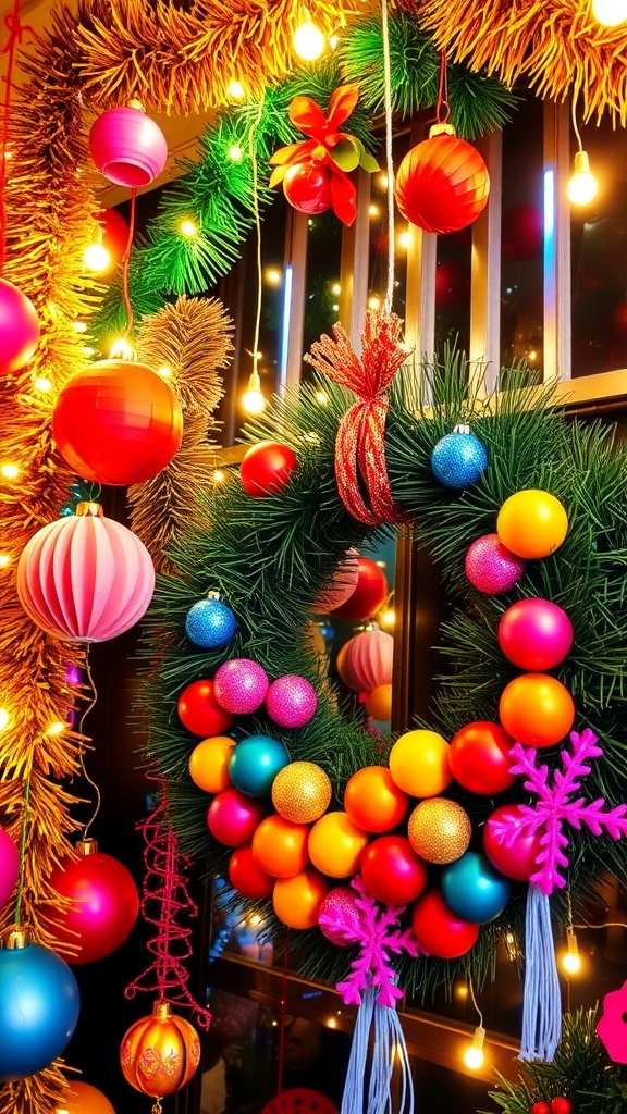 Colorful 80s Christmas decorations including paper ornaments, tinsel garland, and a wreath on a festive background.